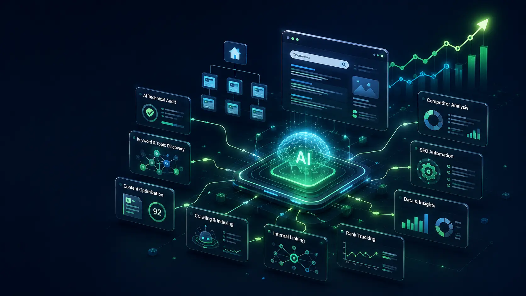 AI-powered SEO automation dashboard showing technical SEO audits, keyword research, content optimization, crawling, internal linking, competitor analysis, and rank tracking