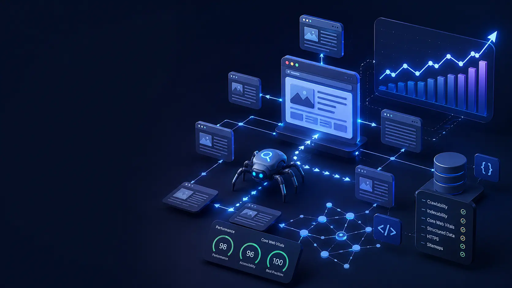 Technical SEO visualization showing website crawling, indexing, Core Web Vitals, structured data, sitemaps and search performance